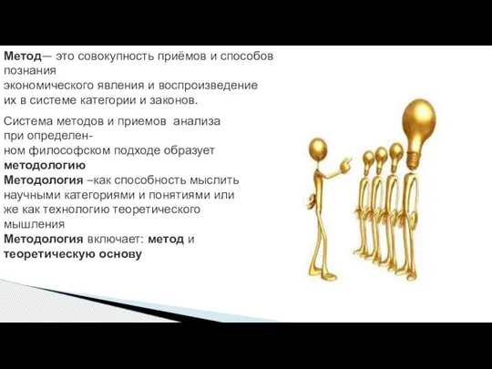 Метод— это совокупность приёмов и способов познания экономического явления и воспроизведение их