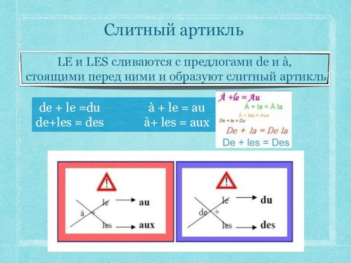 Слитный артикль de + le =du de+les = des à + le