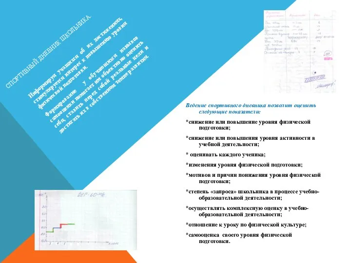 СПОРТИВНЫЙ ДНЕВНИК ШКОЛЬНИКА. Ведение спортивного дневника позволит оценить следующие показатели: *снижение или