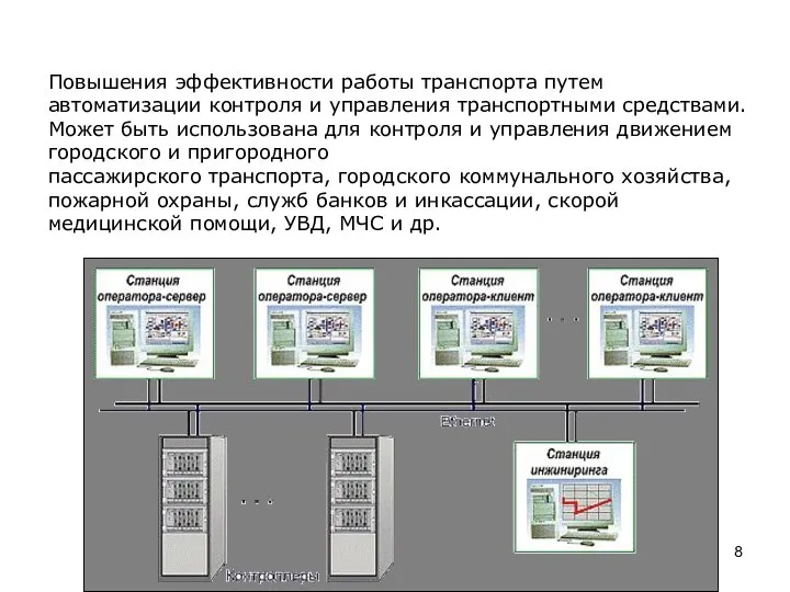 Повышения эффективности работы транспорта путем автоматизации контроля и управления транспортными средствами. Может