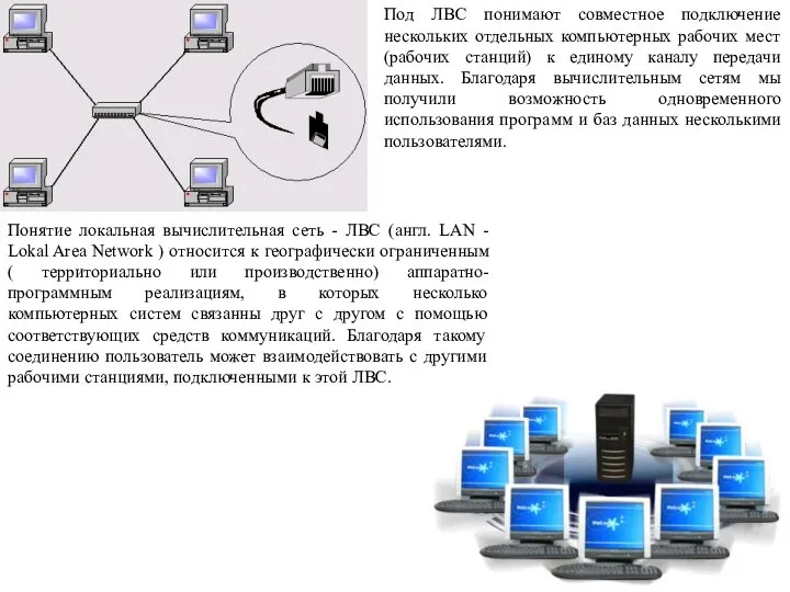 Под ЛВС понимают совместное подключение нескольких отдельных компьютерных рабочих мест (рабочих станций)