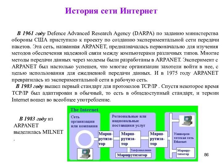 История сети Интернет В 1961 году Defence Advanced Research Agency (DARPA) по