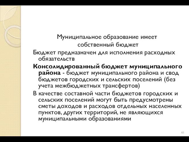 Муниципальное образование имеет собственный бюджет Бюджет предназначен для исполнения расходных обязательств Консолидированный