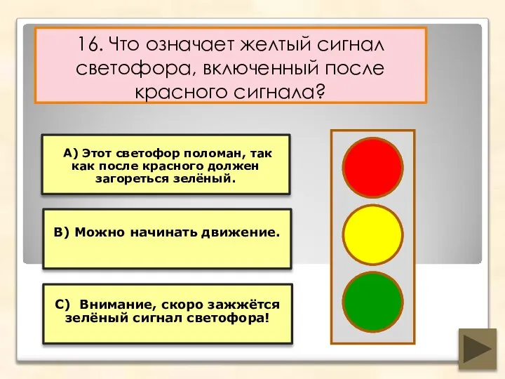 16. Что означает желтый сигнал светофора, включенный после красного сигнала? В) Можно