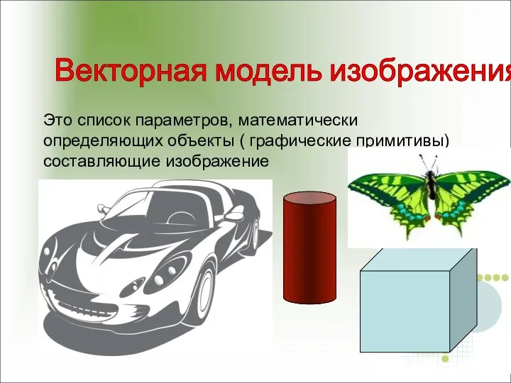 Векторная модель изображения- Это список параметров, математически определяющих объекты ( графические примитивы) составляющие изображение