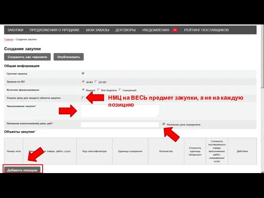 НМЦ на ВЕСЬ предмет закупки, а не на каждую позицию