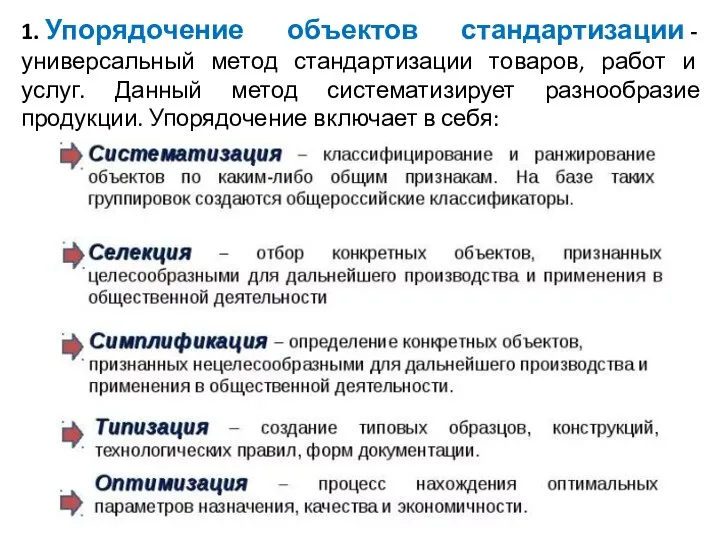 1. Упорядочение объектов стандартизации - универсальный метод стандартизации товаров, работ и услуг.