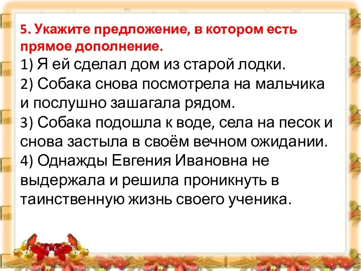 5. Укажите предложение, в котором есть прямое дополнение. 1) Я ей сделал