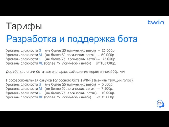 Тарифы 20 Разработка и поддержка бота Уровень сложности S (не более 25