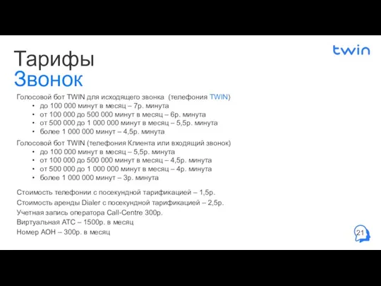 Тарифы Голосовой бот TWIN для исходящего звонка (телефония TWIN) до 100 000