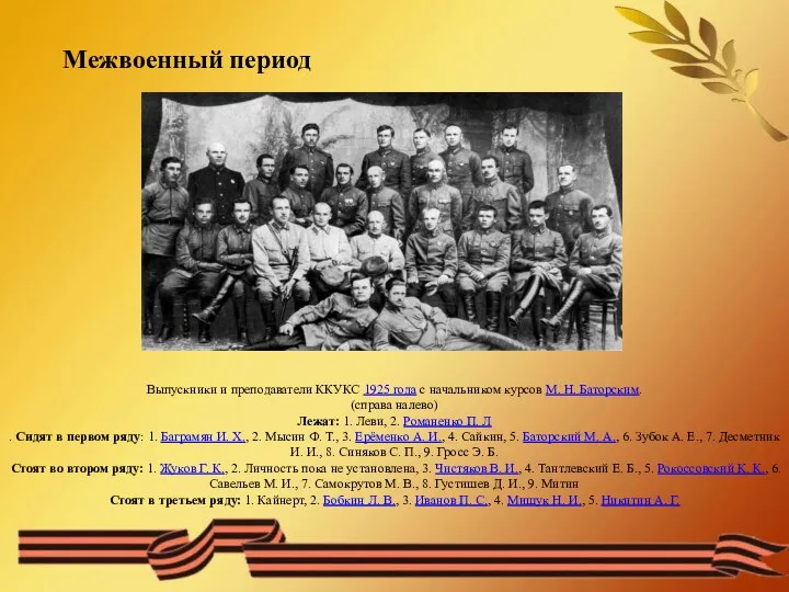 Межвоенный период Выпускники и преподаватели ККУКС 1925 года с начальником курсов М.