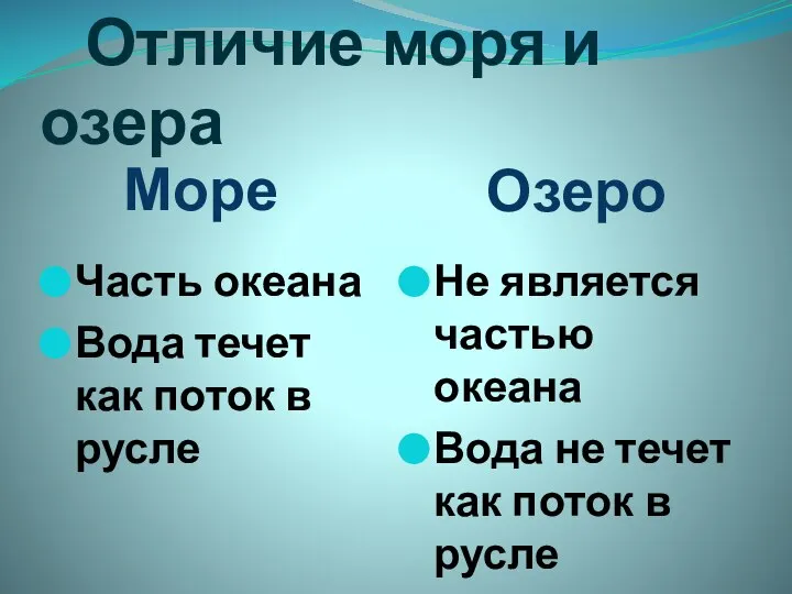 Отличие моря и озера Море Озеро Часть океана Вода течет как поток