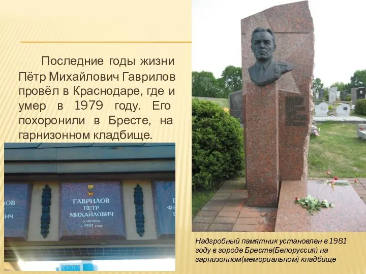 Последние годы жизни Пётр Михайлович Гаврилов провёл в Краснодаре, где и умер