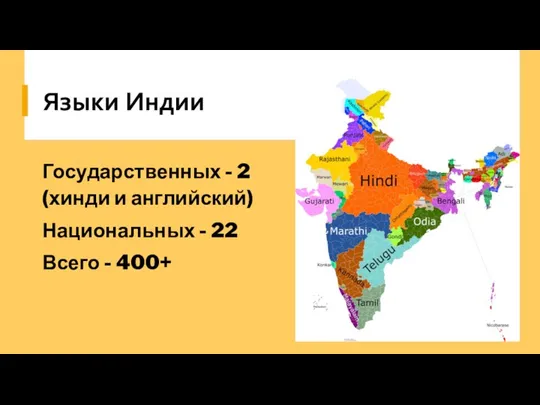 Языки Индии Государственных - 2 (хинди и английский) Национальных - 22 Всего - 400+