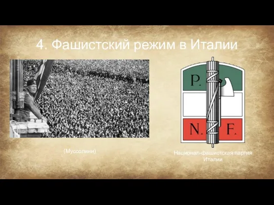 4. Фашистский режим в Италии (Муссолини) Национал-фашистская партия Италии