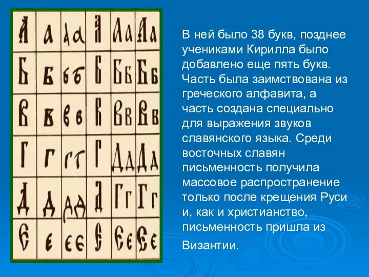 В ней было 38 букв, позднее учениками Кирилла было добавлено еще пять