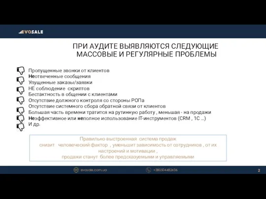 ПРИ АУДИТЕ ВЫЯВЛЯЮТСЯ СЛЕДУЮЩИЕ МАССОВЫЕ И РЕГУЛЯРНЫЕ ПРОБЛЕМЫ 2 evosale.com.ua +380504482436 Пропущенные