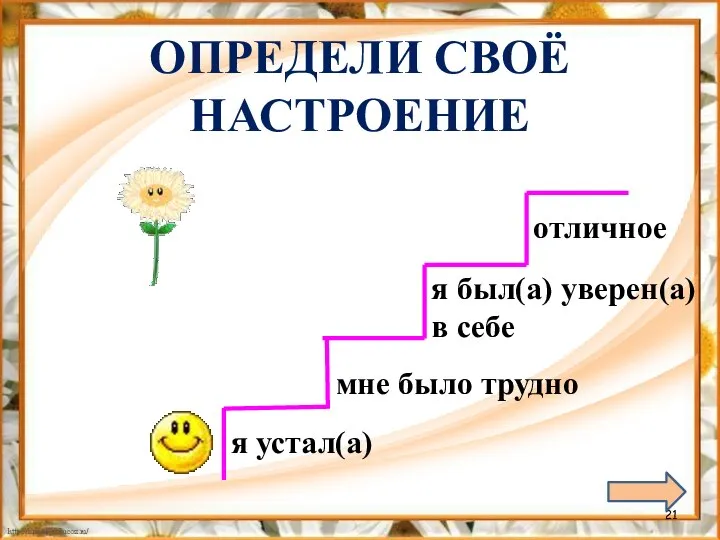 отличное я был(а) уверен(а) в себе мне было трудно я устал(а) ОПРЕДЕЛИ СВОЁ НАСТРОЕНИЕ