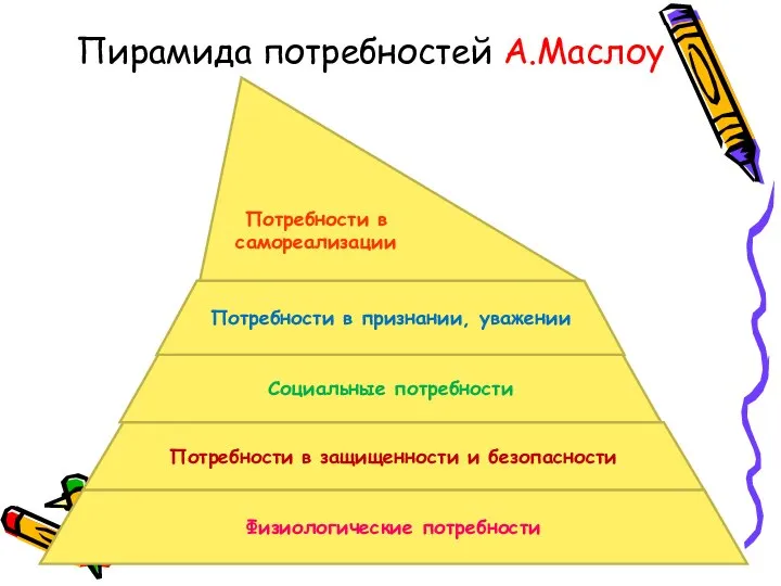 Пирамида потребностей А.Маслоу Физиологические потребности Потребности в защищенности и безопасности Социальные потребности