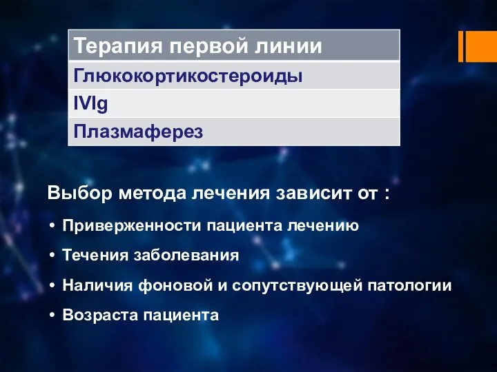 Выбор метода лечения зависит от : Приверженности пациента лечению Течения заболевания Наличия