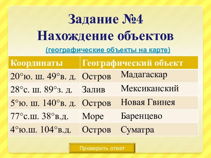 Задание №4 Нахождение объектов Проверить ответ Мадагаскар Мексиканский Новая Гвинея Баренцево Суматра (географические объекты на карте)