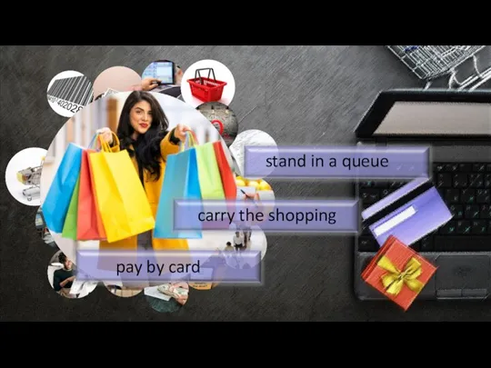 stand in a queue carry the shopping pay by card