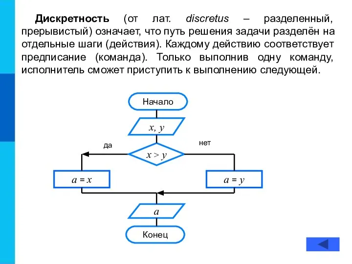 Дискретность (от лат. discretus – разделенный, прерывистый) означает, что путь решения задачи