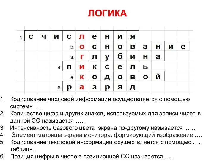 Кодирование числовой информации осуществляется с помощью системы …. Количество цифр и других