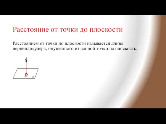 Расстояние от точки до плоскости Расстоянием от точки до плоскости называется длина