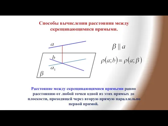 Способы вычисления расстояния между скрещивающимися прямыми. Расстояние между скрещивающимися прямыми равно расстоянию