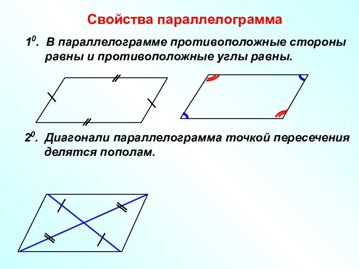 Свойства параллелограмма 10. В параллелограмме противоположные стороны равны и противоположные углы равны.