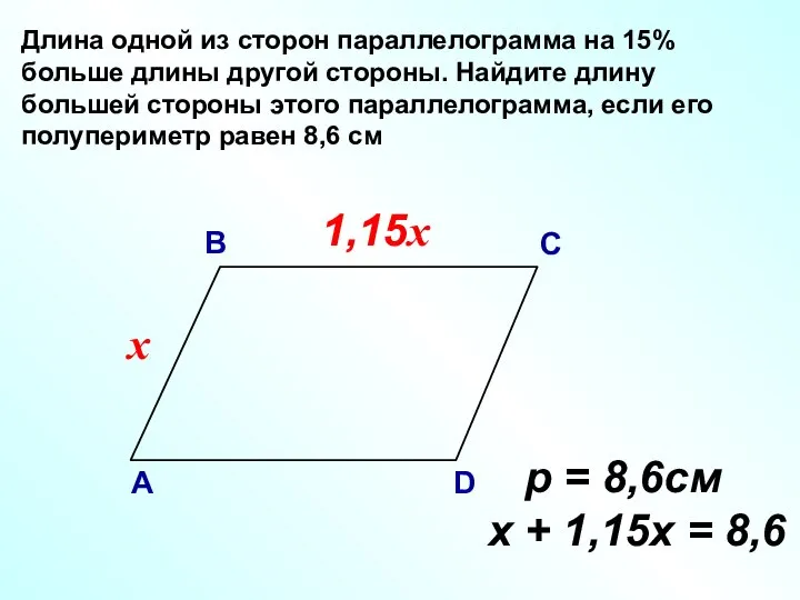 Длина одной из сторон параллелограмма на 15% больше длины другой стороны. Найдите