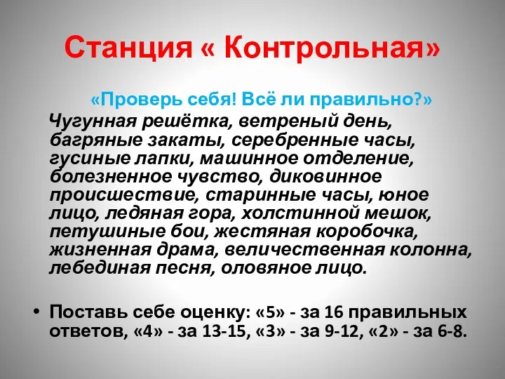 Станция « Контрольная» «Проверь себя! Всё ли правильно?» Чугунная решётка, ветреный день,