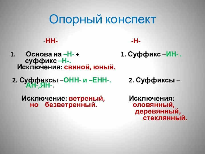 Опорный конспект -НН- -Н- Основа на –Н- + 1. Суффикс –ИН- .