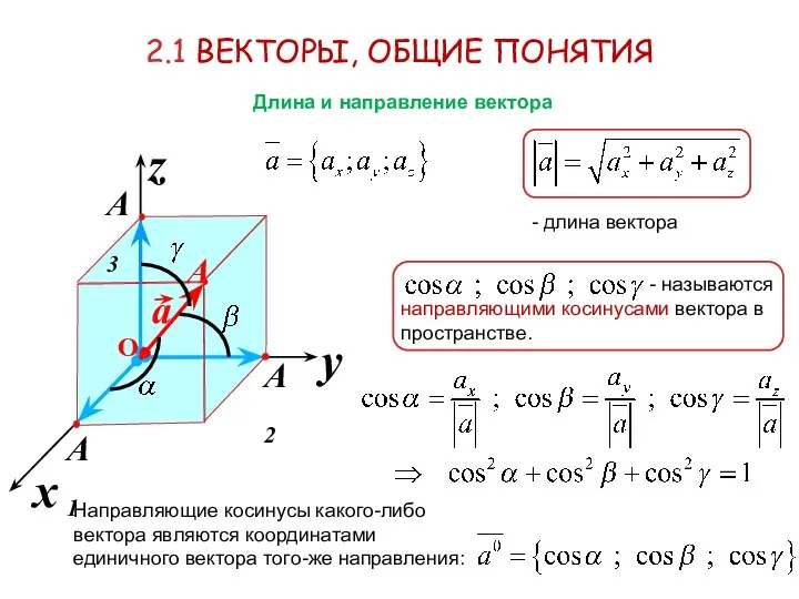 2.1 ВЕКТОРЫ, ОБЩИЕ ПОНЯТИЯ Длина и направление вектора - длина вектора -