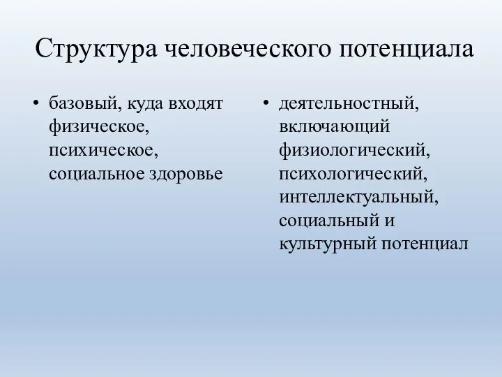 Структура человеческого потенциала базовый, куда входят физическое, психическое, социальное здоровье деятельностный, включающий