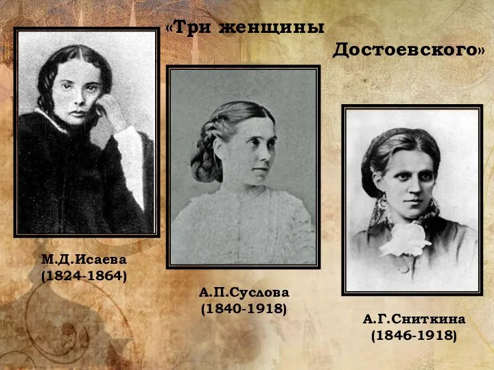 «Три женщины Достоевского» М.Д.Исаева (1824-1864) А.П.Суслова (1840-1918) А.Г.Сниткина (1846-1918)