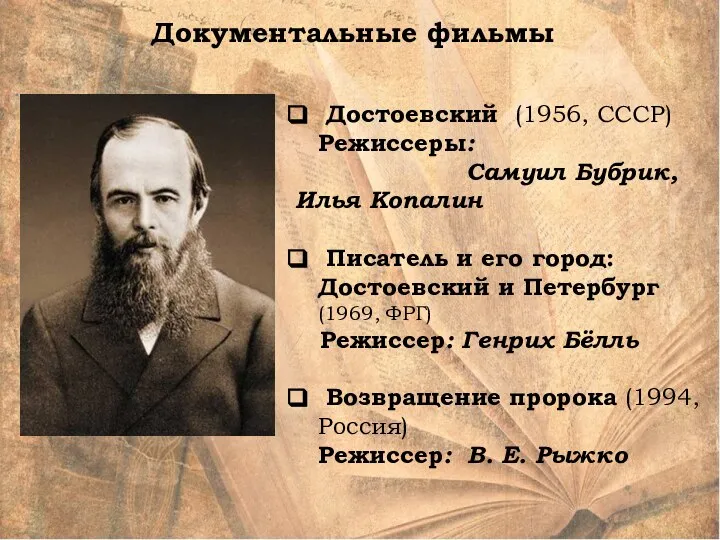 Документальные фильмы Достоевский (1956, СССР) Режиссеры: Самуил Бубрик, Илья Копалин Писатель и