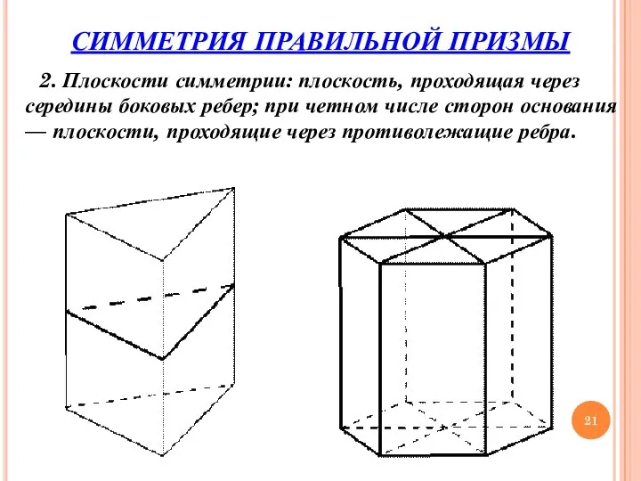 СИММЕТРИЯ ПРАВИЛЬНОЙ ПРИЗМЫ 2. Плоскости симметрии: плоскость, проходящая через середины боковых ребер;