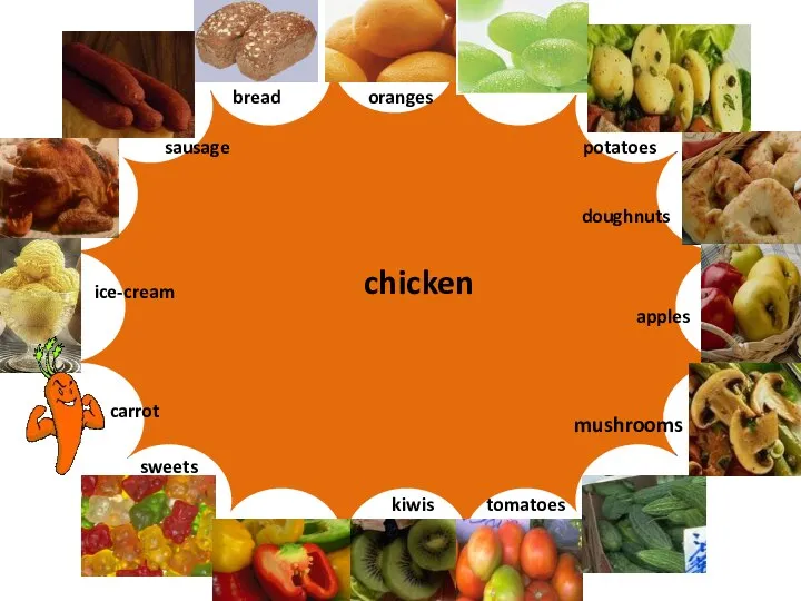 Let’s play “Words and pictures” sausage mushrooms chicken oranges kiwis ice-cream apples