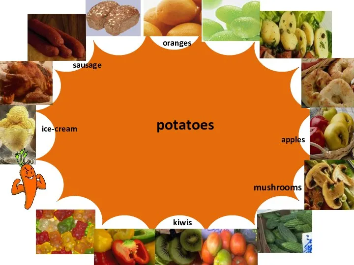 Let’s play “Words and pictures” sausage mushrooms potatoes oranges kiwis ice-cream apples