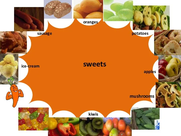 Let’s play “Words and pictures” sausage mushrooms sweets oranges kiwis ice-cream apples potatoes