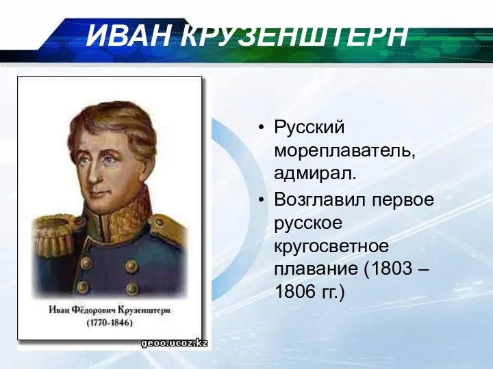 09/09/2023 ИВАН КРУЗЕНШТЕРН Русский мореплаватель, адмирал. Возглавил первое русское кругосветное плавание (1803 – 1806 гг.)