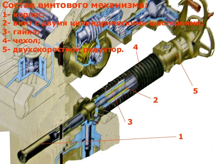 Состав винтового механизма: 1- корпус; 2- винт с двумя цилиндрическими шестернями; 3-