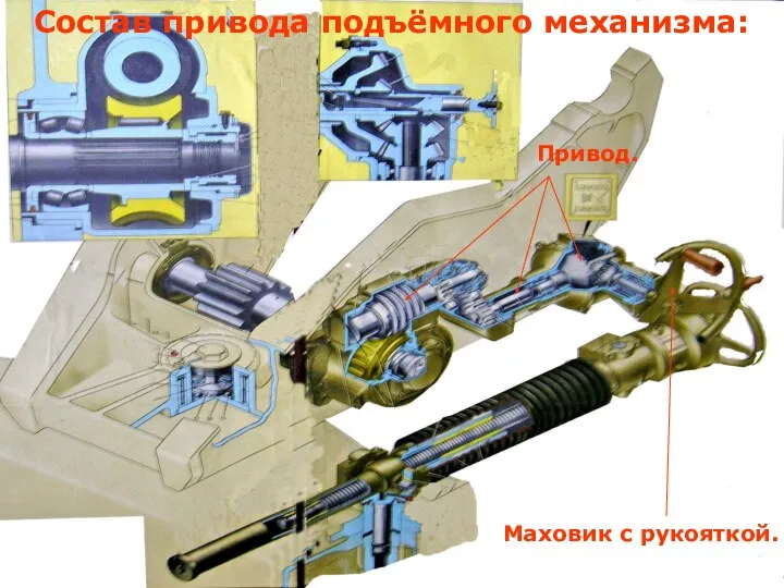 Состав привода подъёмного механизма: Привод. Маховик с рукояткой.