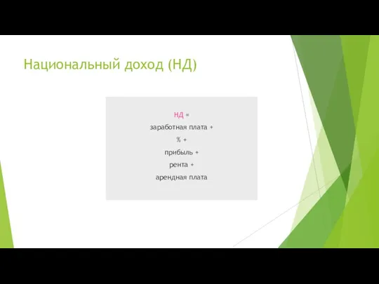 Национальный доход (НД) НД = заработная плата + % + прибыль + рента + арендная плата