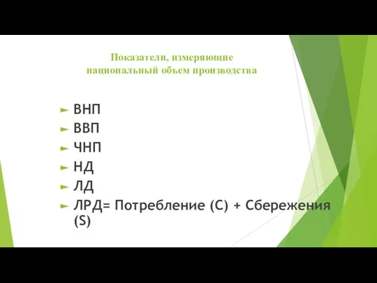 Показатели, измеряющие национальный объем производства ВНП ВВП ЧНП НД ЛД ЛРД= Потребление (С) + Сбережения(S)