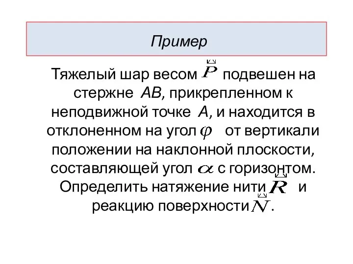 Пример Тяжелый шар весом подвешен на стержне АВ, прикрепленном к неподвижной точке