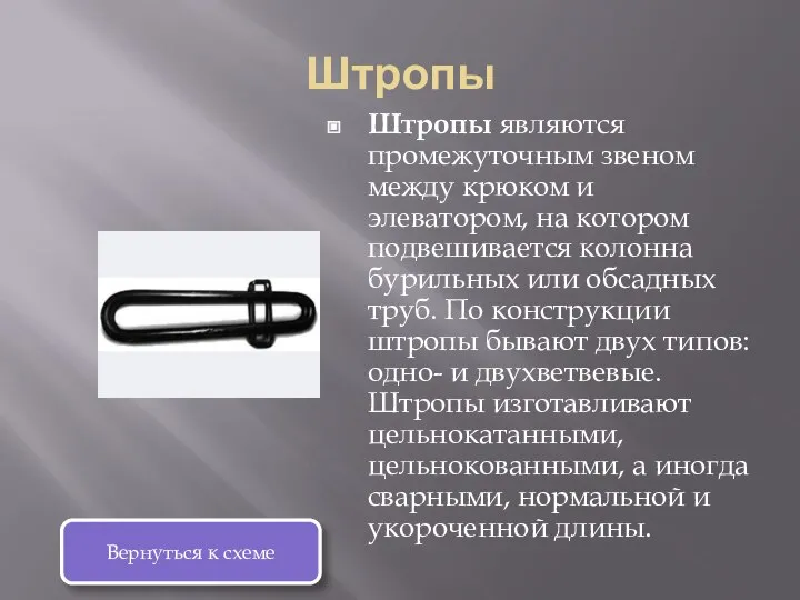 Штропы Штропы являются промежуточным звеном между крюком и элеватором, на котором подвешивается