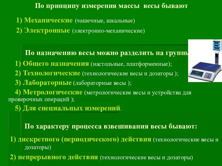 По принципу измерения массы весы бывают 1) Механические (чашечные, шкальные) 2) Электронные